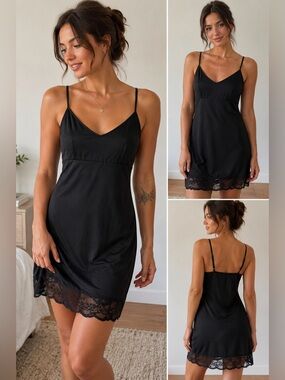 Black Lace Hem Slip Dress Lingerie Layering Piece Adjustable Straps L